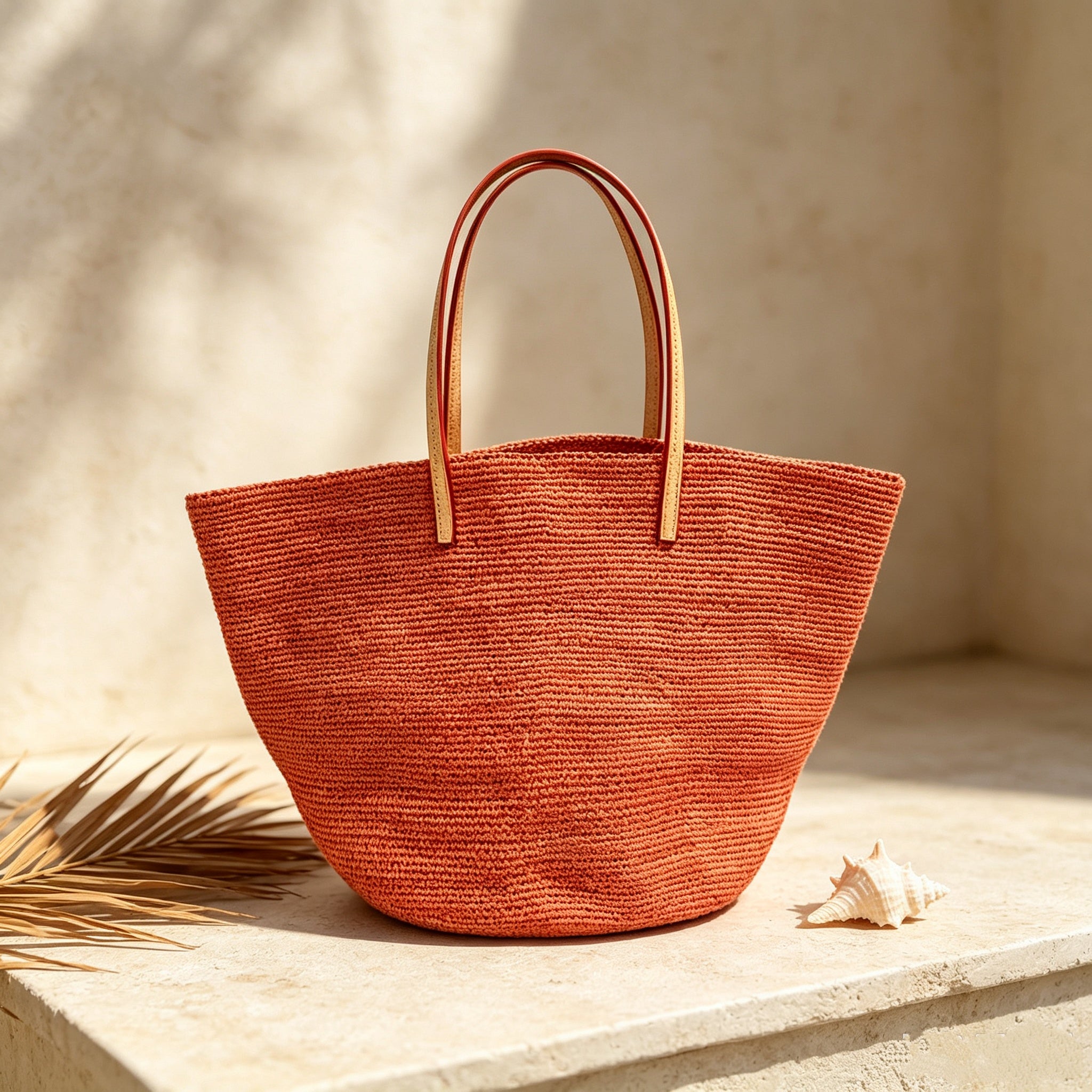 Large Woven Raffia Tote Bag Terracotta Orange, Casual Straw Shoulder Bag for Women Travel Beach