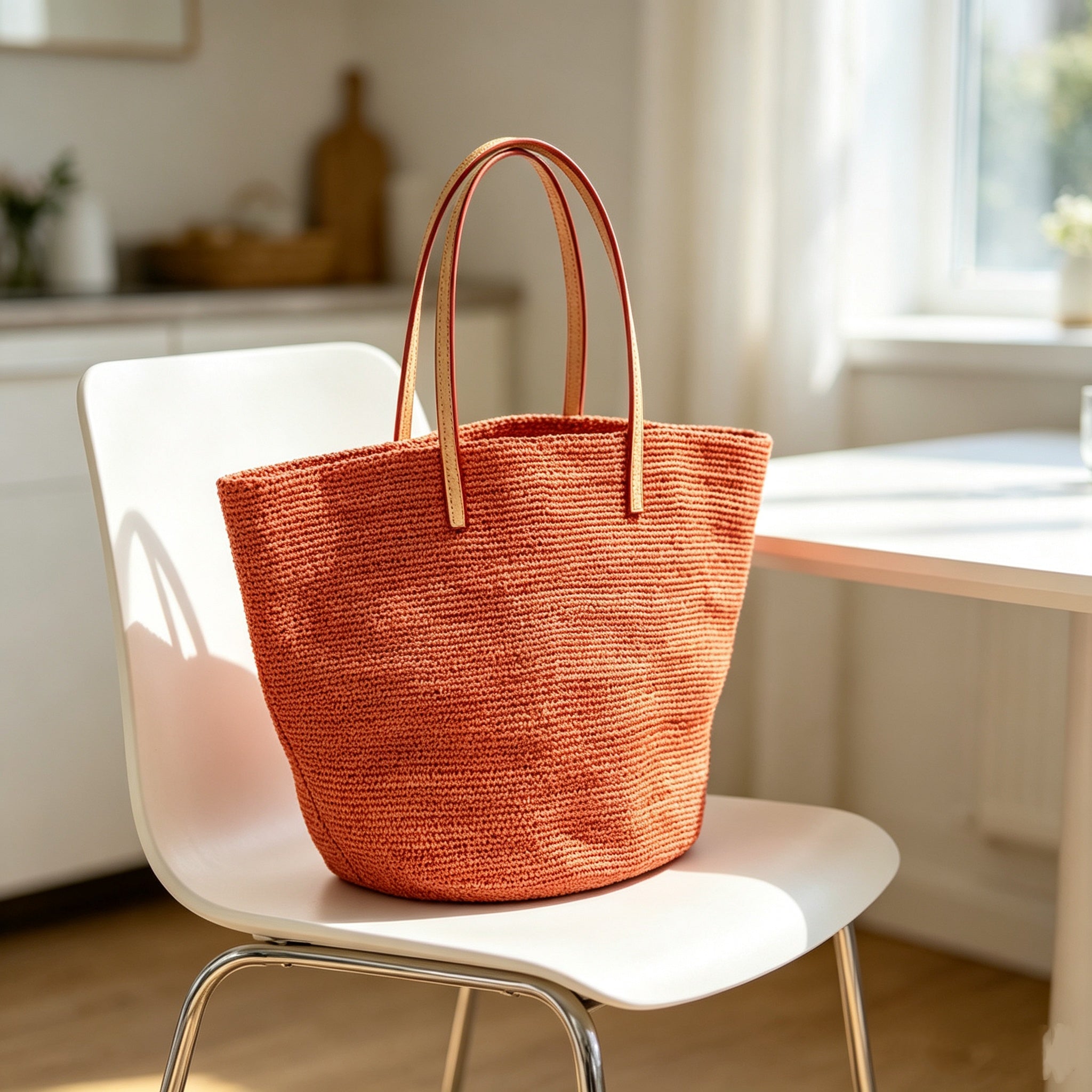 Large Woven Raffia Tote Bag Terracotta Orange, Casual Straw Shoulder Bag for Women Travel Beach