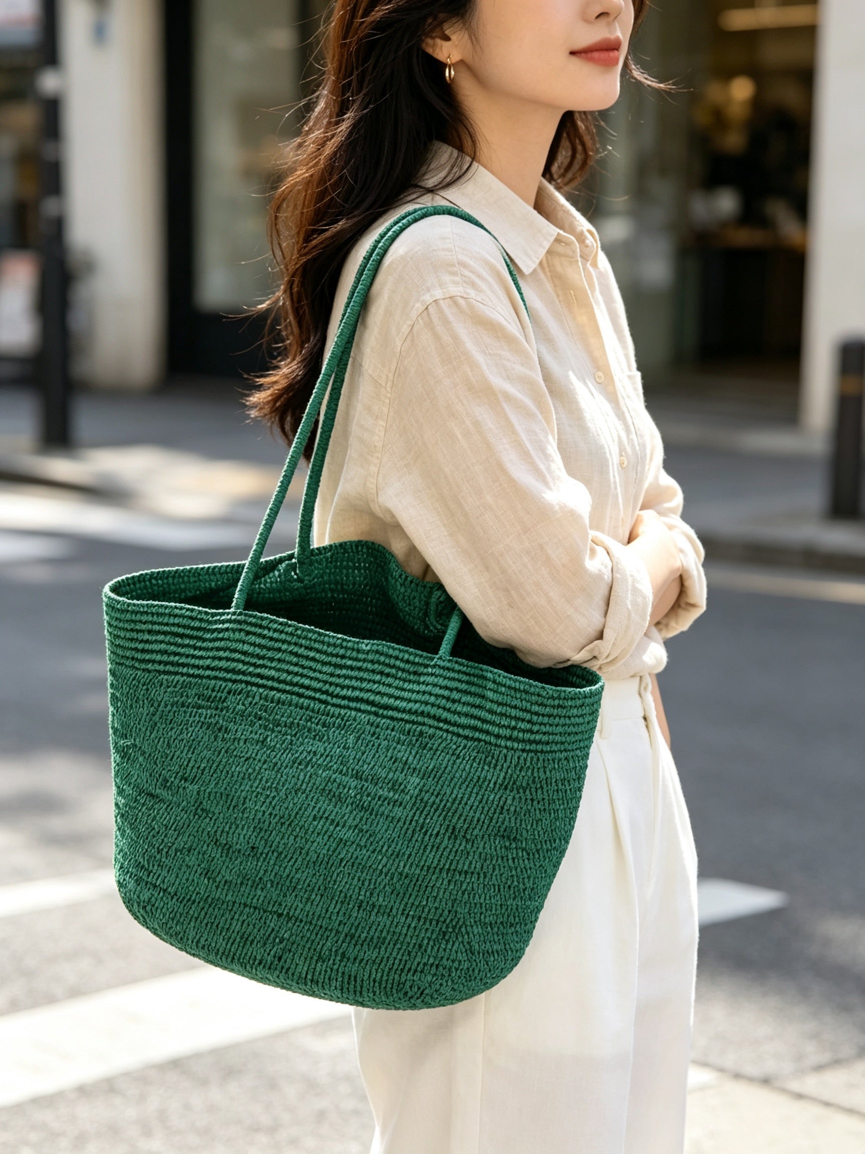 Handmade Green Woven Beach Bag for Women | Bulk Order