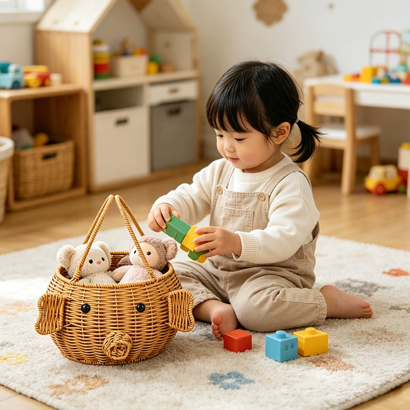 Cute Animal Wicker Toy Storage Basket with Handles – Kids Room Nursery Organizer