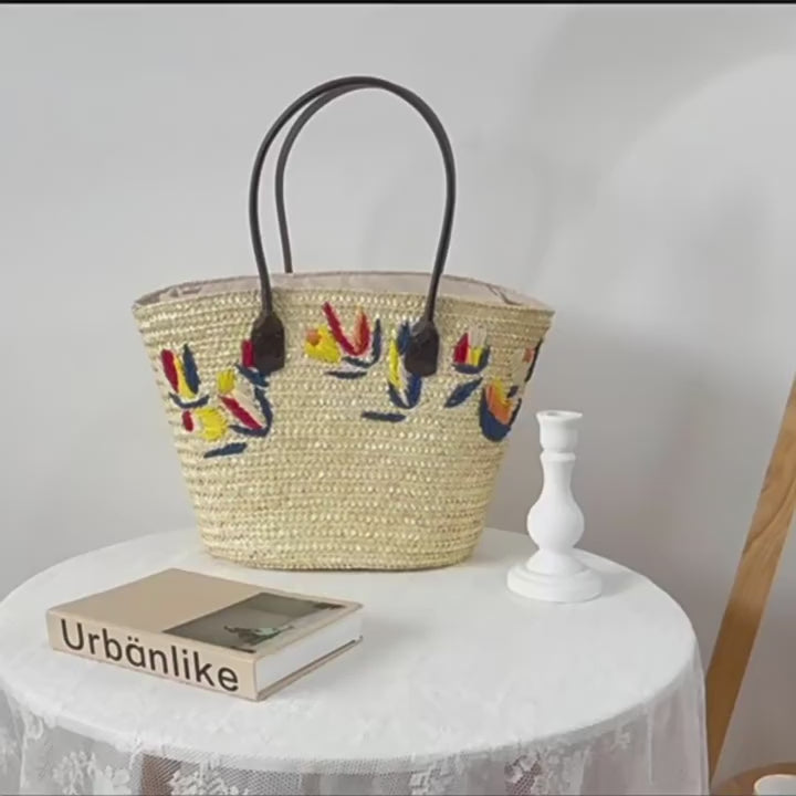 Artisanstraw Embroidered Wheat Straw Tote Bag | Structured Boho Shoulder Purse
