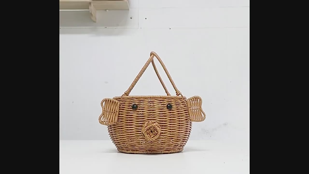 Cute Animal Wicker Toy Storage Basket with Handles – Kids Room Nursery Organizer