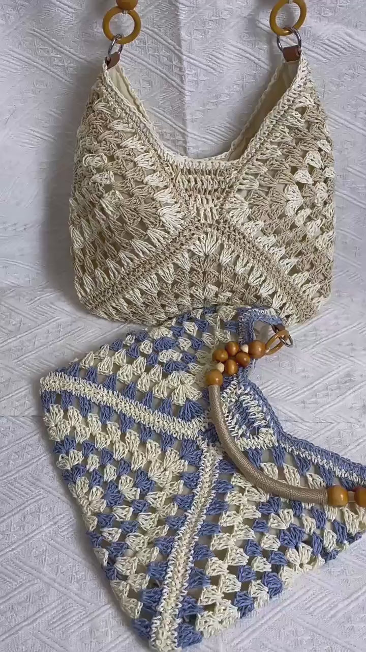 Heritage Woven Straw Hobo Bag with Wooden Bead Handle