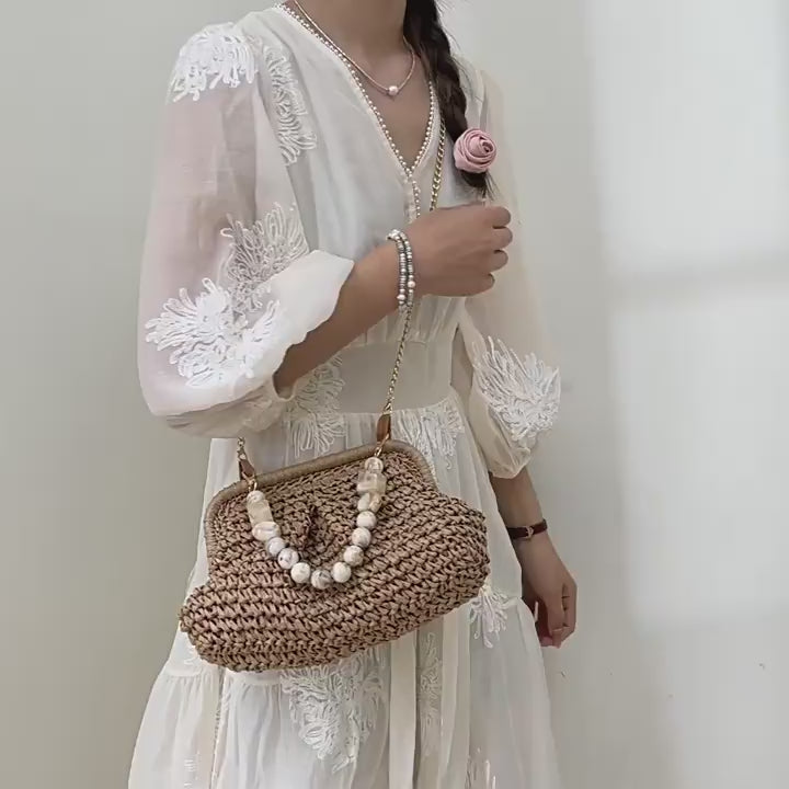 Pearl Bead Clasp Shell-Shaped Straw Crossbody Bag, Minimal Urban Woven Chain Shoulder Purse, 8 Style Options Summer 2026 Handbag Khaki Off White