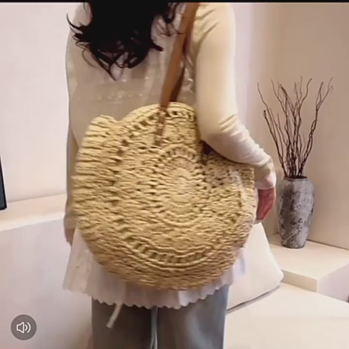 Large Round Woven Straw Tote Bag | Boho Summer Beach Shoulder Purse